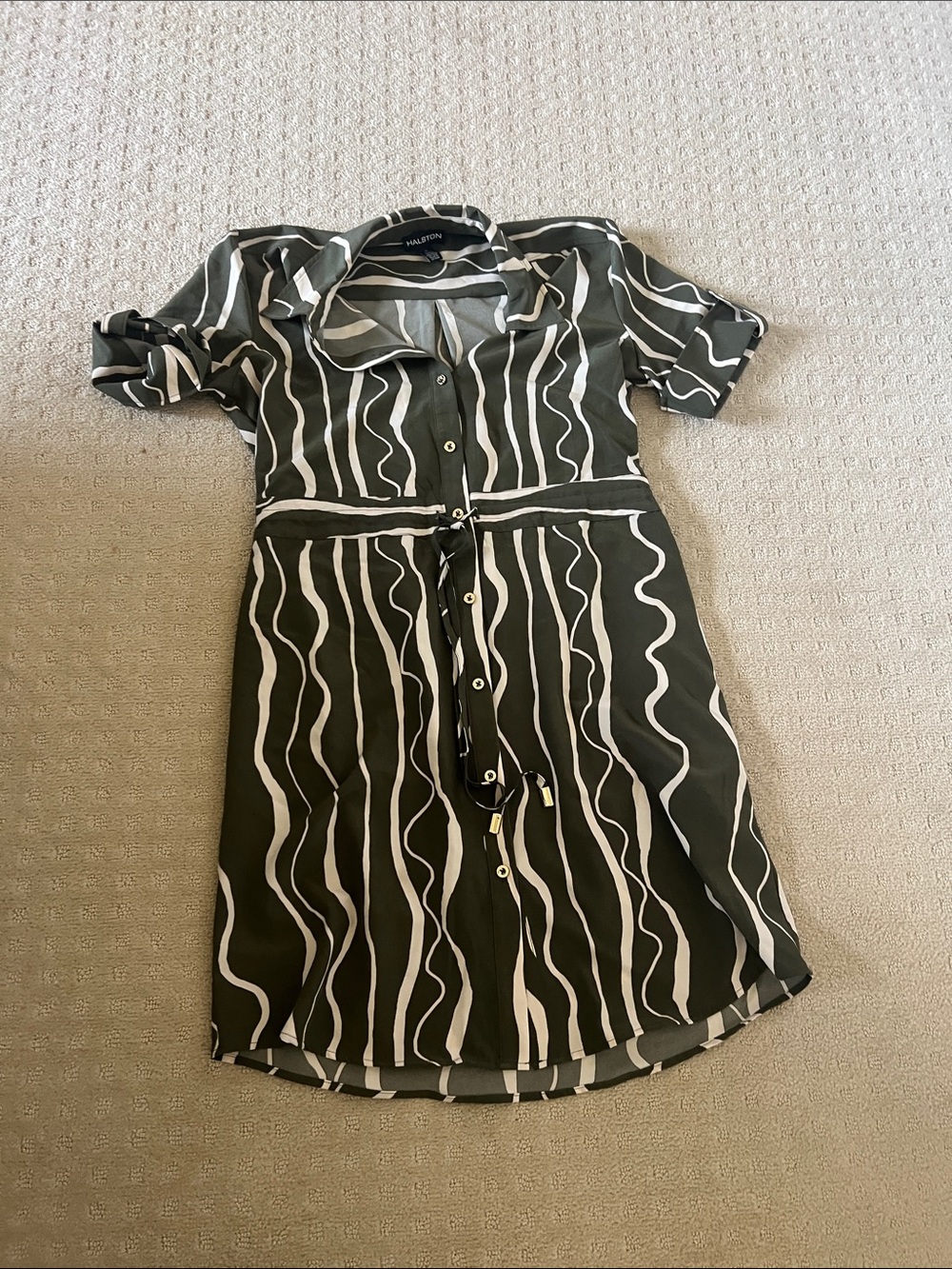 H by Halston Olive and White Wavy-Stripe Mini Shirt Dress